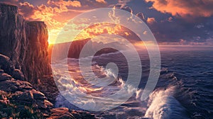 Dramatic Sunset over Rugged Cliffs and Ocean Waves