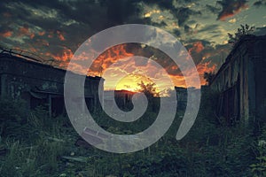 Dramatic Sunset over Ruins of Abandoned Factory. Resplendent.