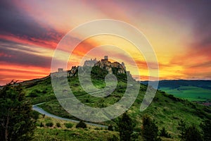 Dramatic sunset over the ruins of Spis Castle in Slovakia