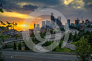 Dramatic sunset over Seattle downtown skyline