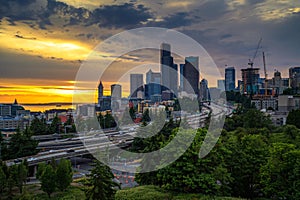 Dramatic sunset over Seattle downtown skyline