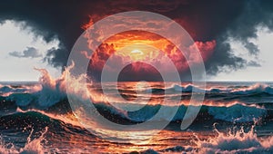 Dramatic Sunset Over Tumultuous Ocean Waves Creating Fiery Reflection and Splashes of Water Under Dark Cloudy Sky in a photo