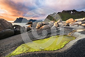 Dramatic sunset over Utakleiv beach on Lofoten islands, Norway