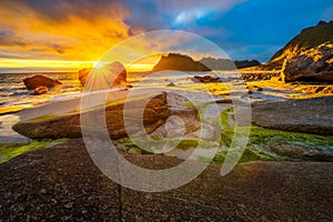 Dramatic sunset over Uttakleiv beach on Lofoten islands, Norway