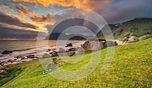 Dramatic sunset over Uttakleiv beach on Lofoten islands, Norway