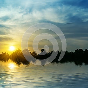 Dramatic sunset reflected in a calm lake