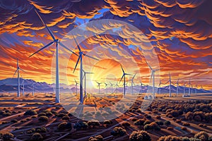 Dramatic Sunset & Rural Wind Farm: Harmony with Nature, generative ai