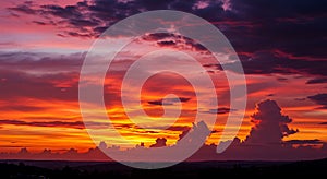 Dramatic sunset scene featuring an array of vivid colors, including deep purples,