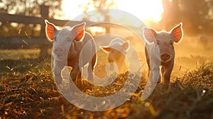 Dramatic sunset showdown fierce battle between determined piglets on rolling farm hills