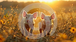 Dramatic sunset showdown intense battle between determined piglets on farm hills