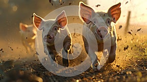 Dramatic sunset showdown two determined piglets engage in fierce battle on farm hills