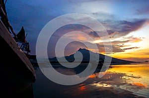 Dramatic sunset sky with clouds. Dramatic sunset over the sea, sunset view of the beach and mountains.