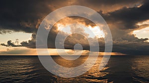 Dramatic Sunset Over the Ocean With Storm Clouds and Sunlight Rays