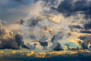 Dramatic sunset sky over ocean. Evening time. Natural background