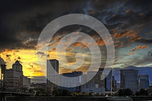 Dramatic Sunset Sky Over Portland Skyline