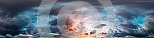 Dramatic sunset sky panorama with bright glowing red pink Cumulus clouds. HDR 360 seamless spherical panorama. Sky dome