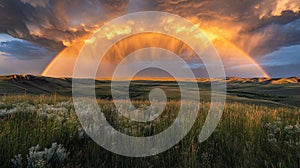 Dramatic Sunset Sky with Rainbow Over Rolling Grasslands