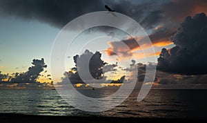 Dramatic sunset sky. sea. Calm sea with sunset sky through the clouds over. Meditation ocean and sky background