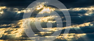 Dramatic sunset sky, sun rays panorama