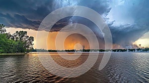 Dramatic sunset storm clouds over lake