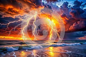 Dramatic sunset storm over ocean beach