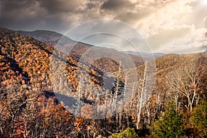 Dramatic sunset with sun rays in Blue Ridge Parkway