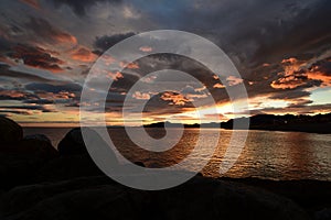 Dramatic sunset on Tigullio gulf. Cavi di Lavagna. Tigullio gulf. Liguria, Italy