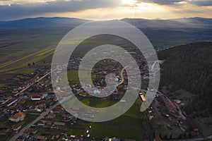 Dramatic sunset in Transylvania view from a drone