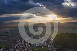 Dramatic sunset in Transylvania view from a drone