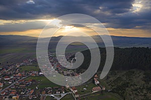 Dramatic sunset in Transylvania view from a drone