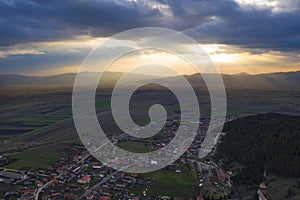 Dramatic sunset in Transylvania view from a drone