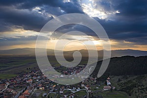 Dramatic sunset in Transylvania view from a drone