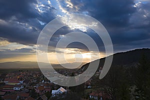 Dramatic sunset in Transylvania view from a drone