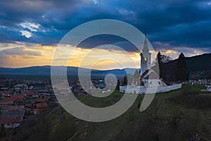 Dramatic sunset in Transylvania view from a drone