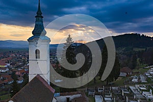 Dramatic sunset in Transylvania view from a drone