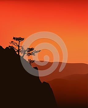 dramatic sunset vector silhouette landscape with asian mountain pine cliff