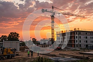 Crane and building construction site at sunset photo