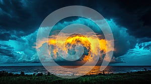 Dramatic supercell storm clouds forming over the ocean at sunset