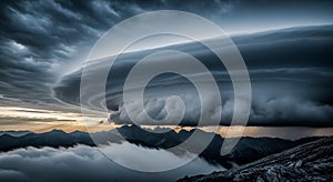 Dramatic Supercell Thunderstorm Cloud Formation Over Mountain Landscape
