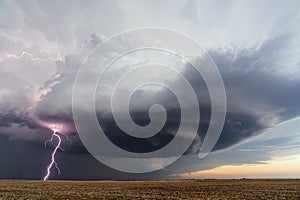 Supercell thunderstorm with lightning bolt