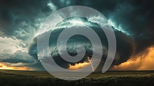 Dramatic Supercell Thunderstorm with Lightning Strike