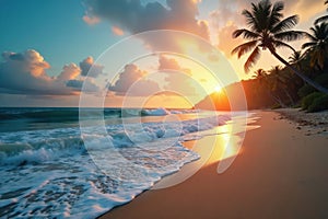 Dramatic surf rolling onto sandy beach, palm trees silhouette , vibrant, oceanside, brown