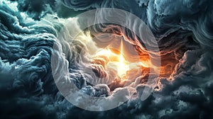 Dramatic swirling cloudscape with a bright light breaking through