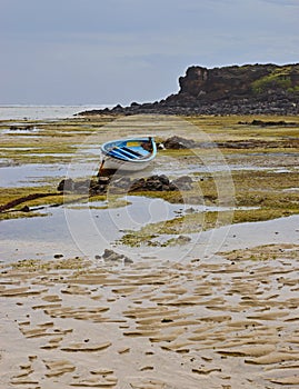 Dramatic Texture of Beach during Low Tide resembling random vein pattern with wooden boats and house in the background