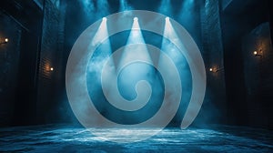 Dramatic theater stage with blue spotlights and atmospheric smoke effects