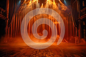 Dramatic Theater Stage with Red Curtains, Spotlight, and Mist - A Captivating Performance Space