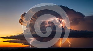 Dramatic Thunderstorm Cloud with Lightning Strikes at Sunset clouds
