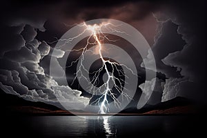 dramatic thunderstorm, with lightning bolts striking the ground and rain pelting down