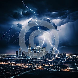 Dramatic Thunderstorm Night Cityscape with Lightning Strikes