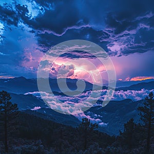 Dramatic Thunderstorm Over Mountain Landscape at Dusk photo